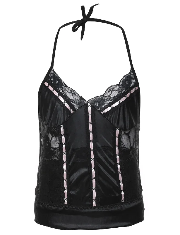 Black & Pale Pink Lace Trim Halterneck Cami Top - XS