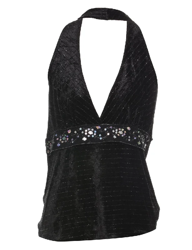 Black Velour Sequined Party Top - S