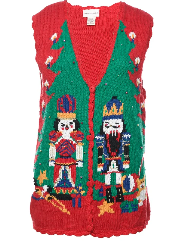 Button Front Christmas Sweater Vest - L